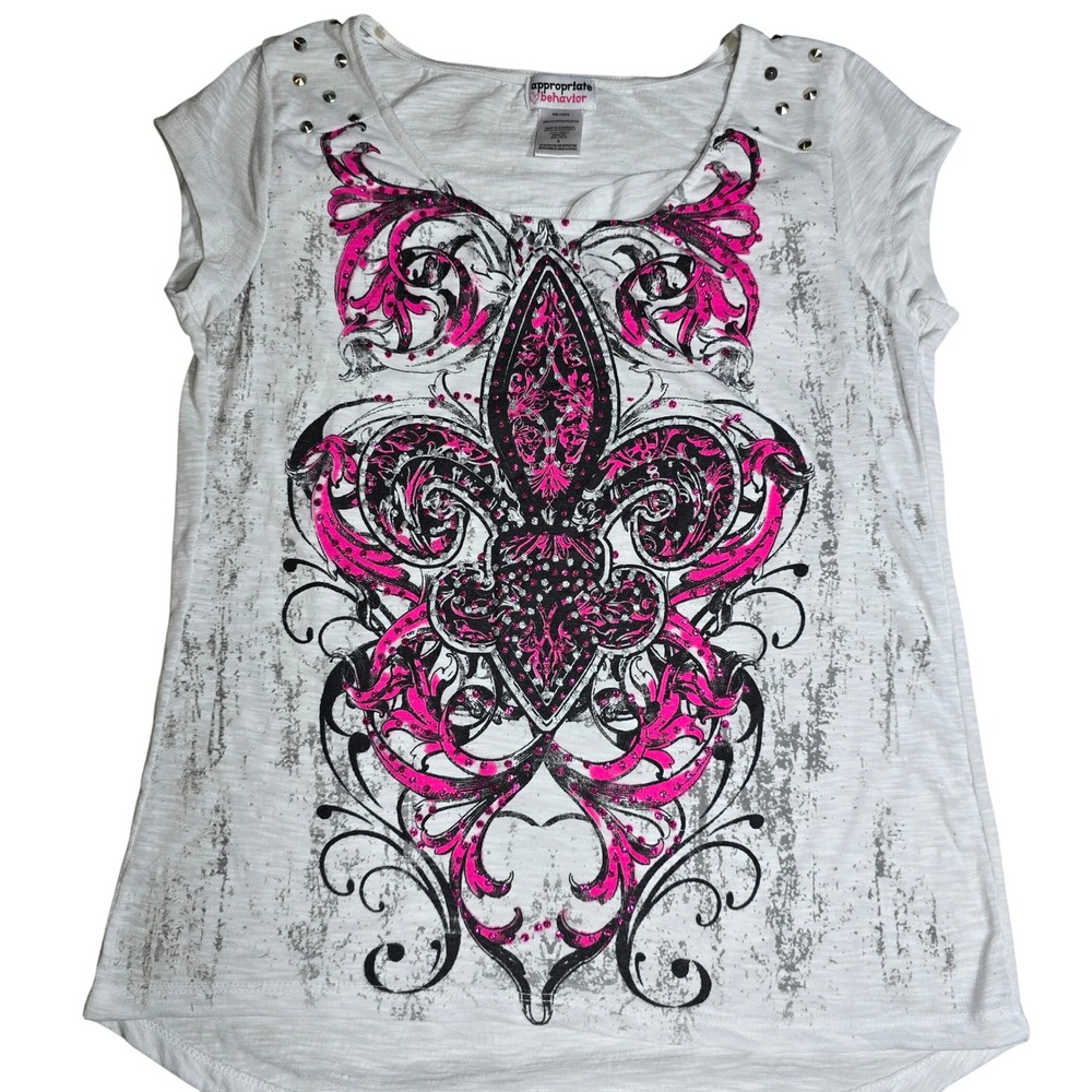 Women White Pink Y2k Tee Fleur De Lis Studded Cap Sleeve Top Edgy Grunge Small